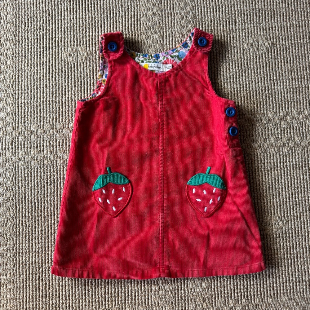 Baby Boden Red Strawberry Pinnie Corduroy Dress with Floral Lining